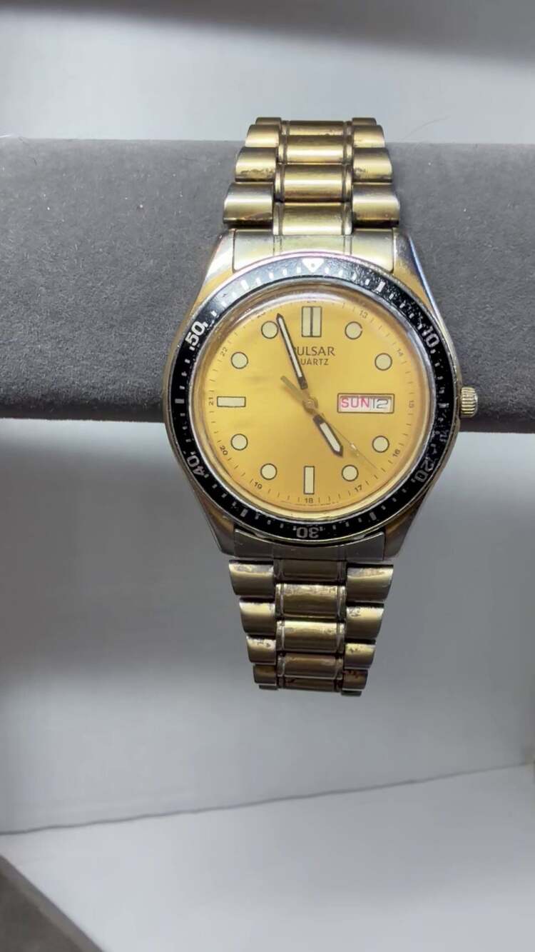 Pulsar Quartz Diver Style Gold-Tone Watch with Day-Date